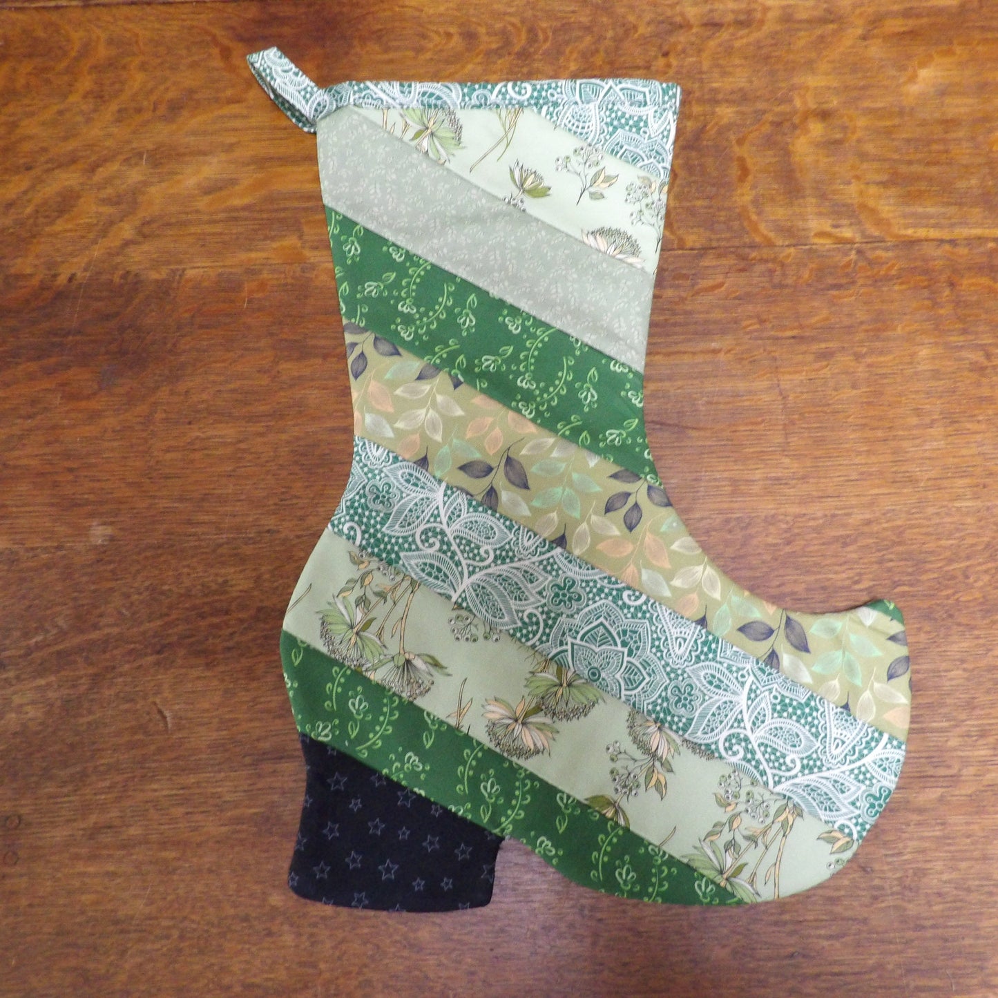 Handmade Quilted Witch's Boot Christmas Stocking - Green (ish)